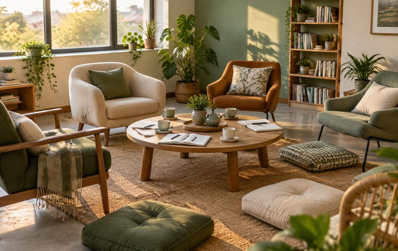 A cozy circle of chairs around a table with tea and notebooks