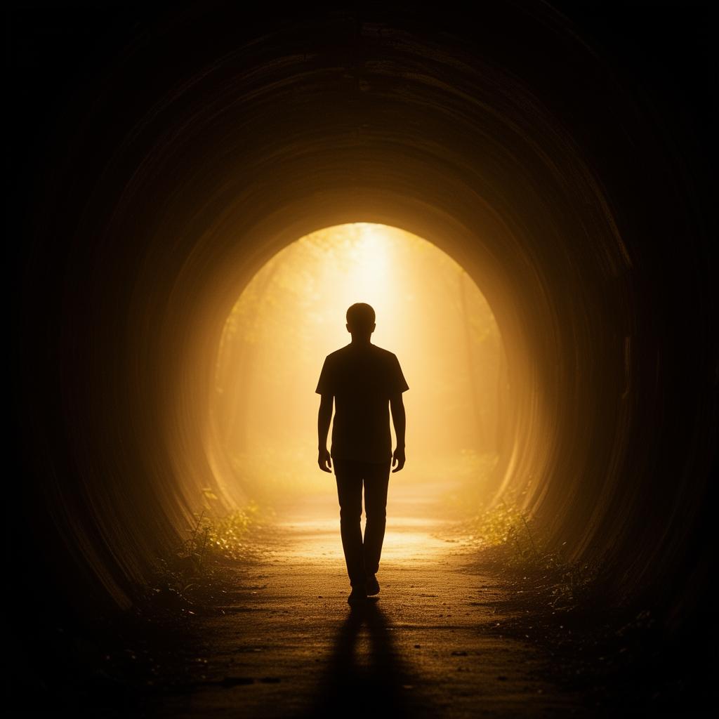 A young man walking out of a dark tunnel toward warm golden light, symbolizing hope and healing