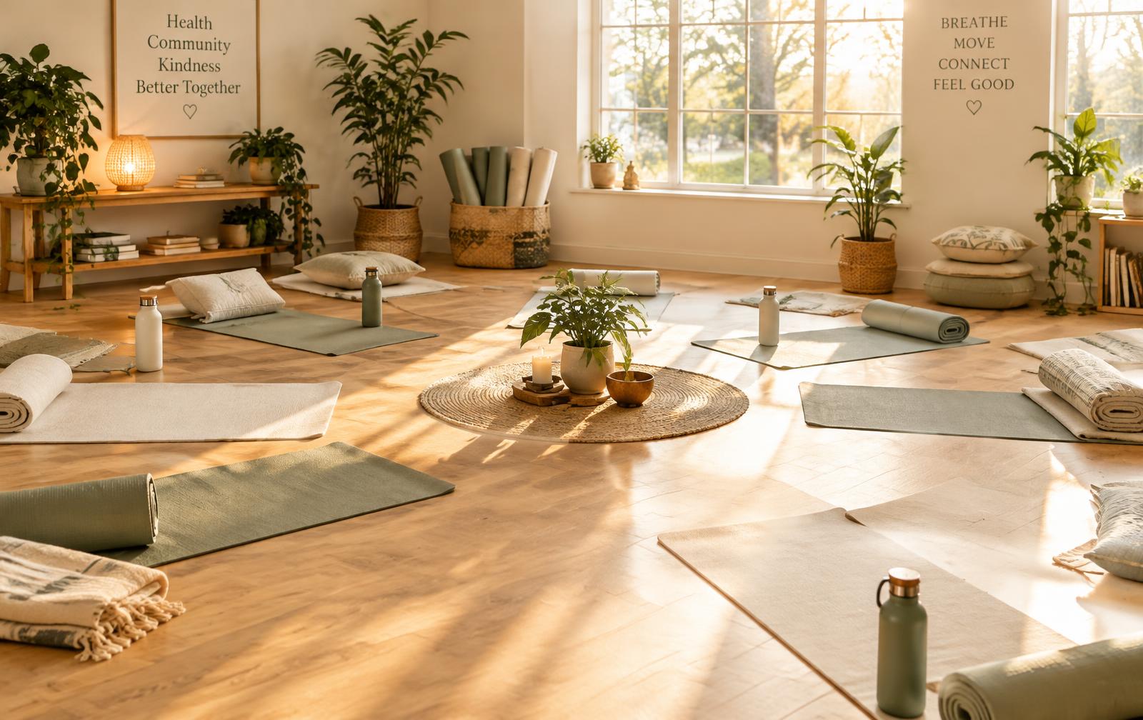 Wellness mats and water bottles laid out for a community session
